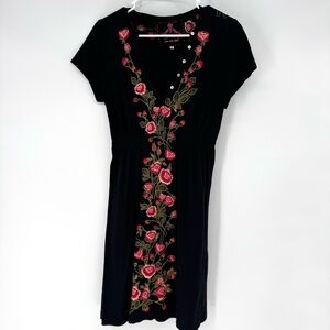 Johnny Was floral embroidered whimsy fairy bohemian black v-neck midi dress med